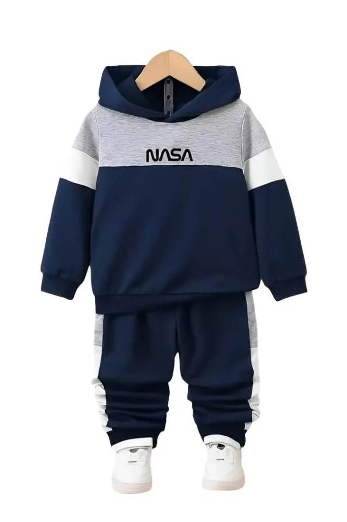 2 Pcs Boy's Fleece Printed Hoodie Tracksuit (1-2 Years)