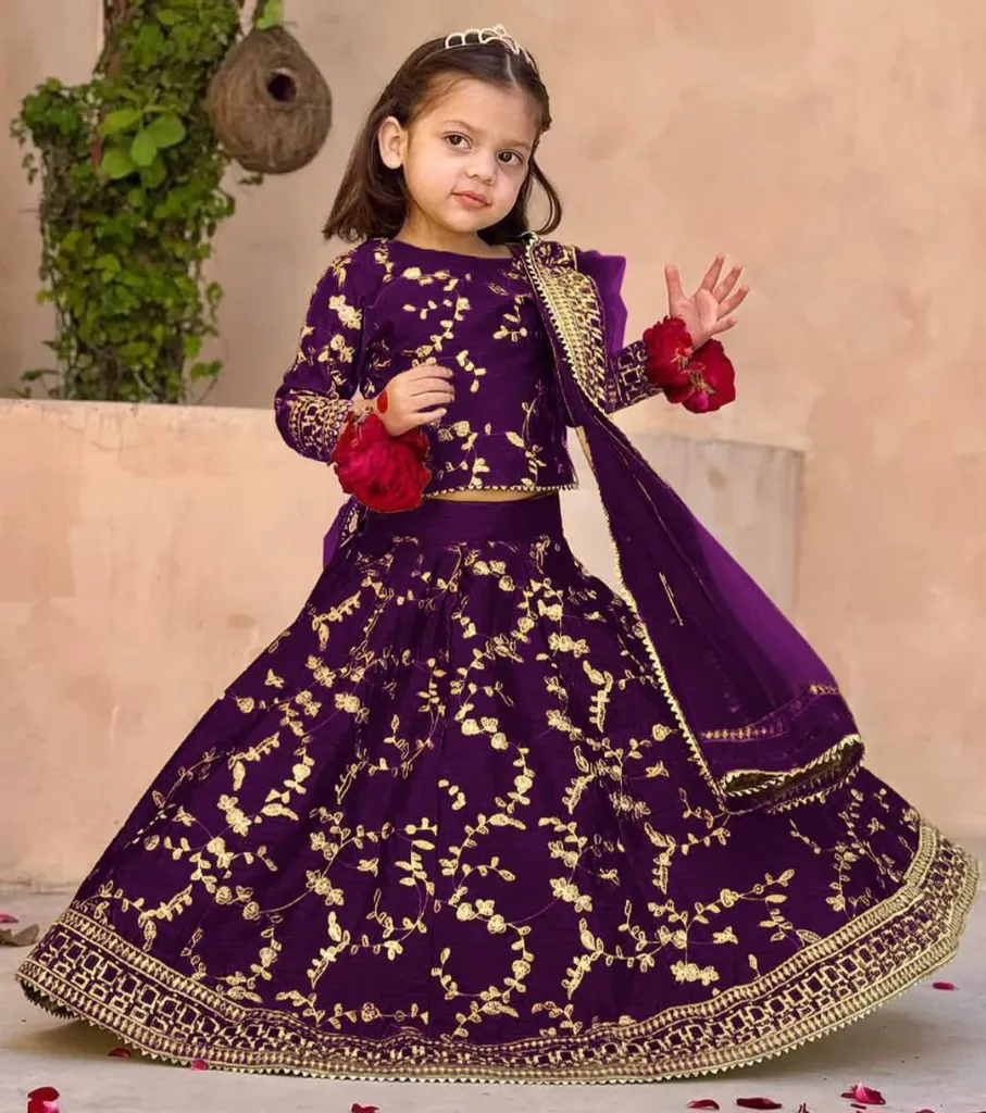 3 Pcs Girl's Raw Silk Embroidered Shirt And Skirt Set in Purple (7_8 Years)