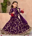 3 Pcs Girl's Raw Silk Embroidered Shirt And Skirt Set in Purple