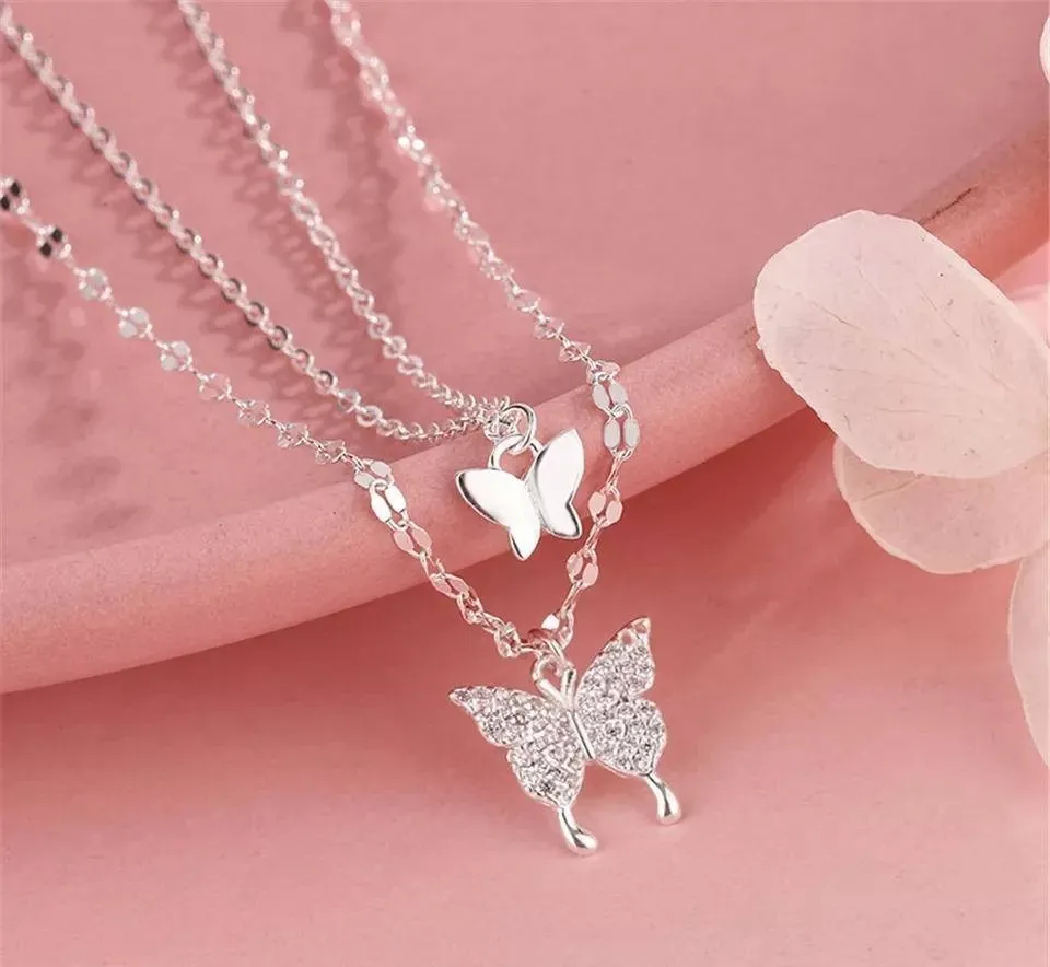 1 Pc Alloy Silver Plated Double Layered Butterfly Design Pendant