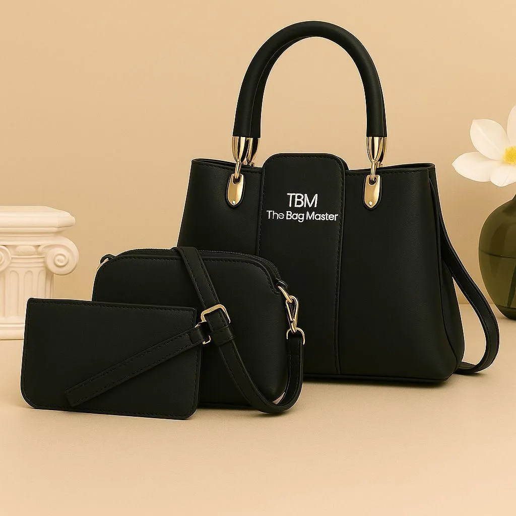 Women's Rexine Plain Hand Bag Set (Black)