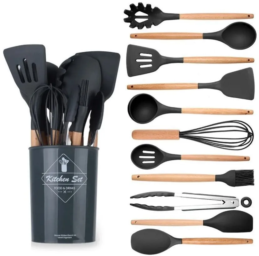 12 Pcs Silicone Spatula Spoon Set (Black)