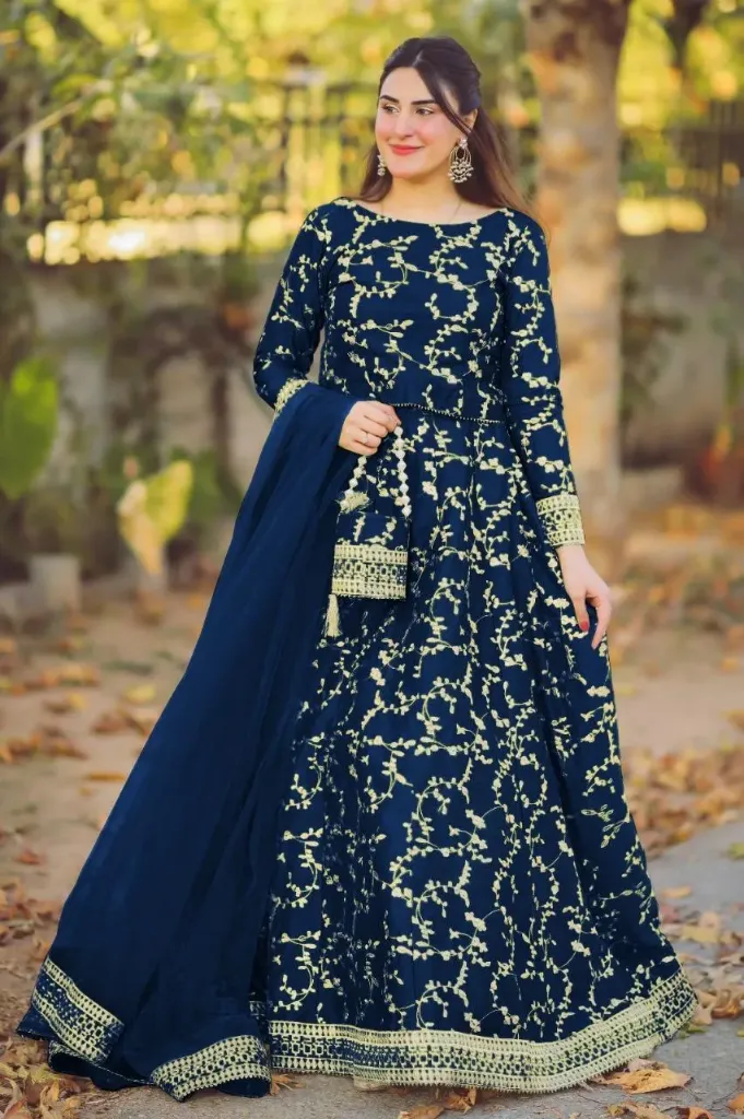 Navy Blue Silk Embroidered Lehenga Choli Set for Women